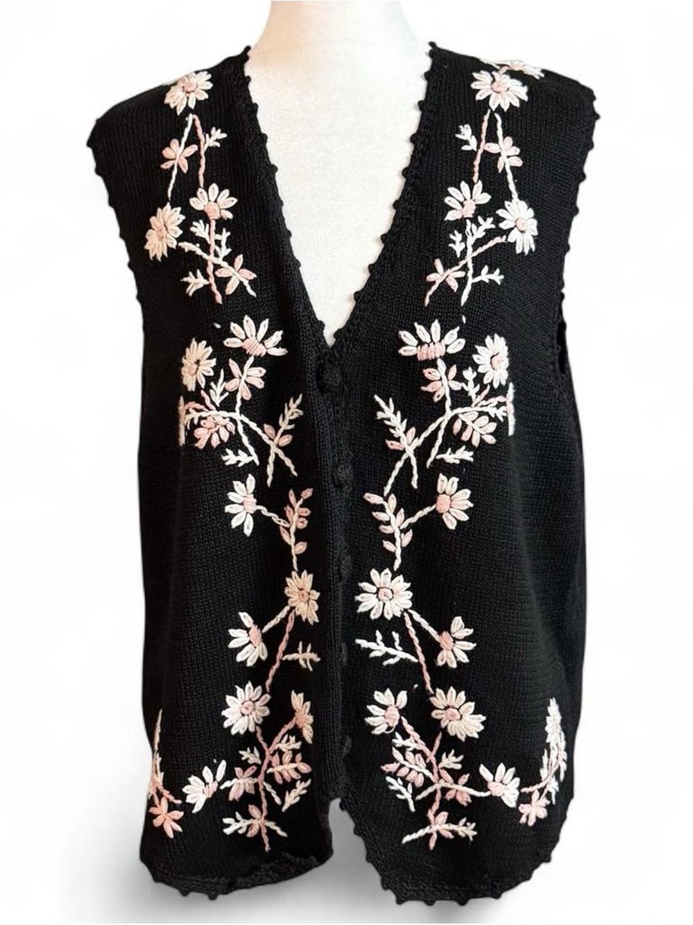 Vintage Carolyn Taylor Black Floral Embroidered Sweater Vest Large